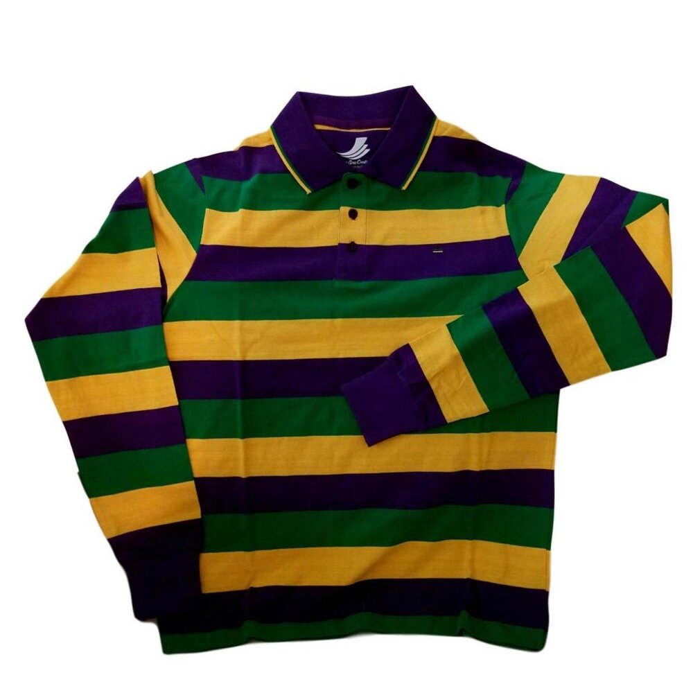 Child Mardi Gras Stripe Purple Green Yellow Long Sleeve Polo Shirt Toddler
